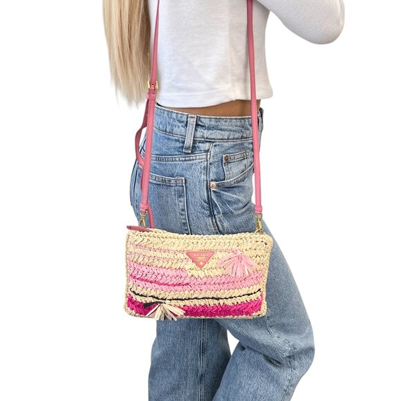 PRADA Vintage Logo Raffia Shoulder Bag Crossbody Zip Pink Cream [105238] - Picture 2 of 13